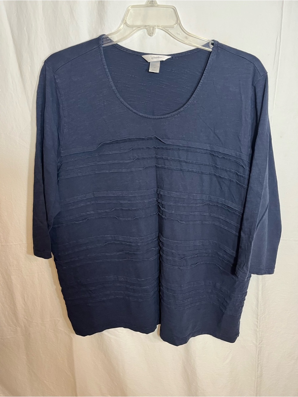 Blue 3/4 Sleeve Scoop Neck Top by CJ Banks with ribbed design on front